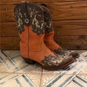 Tony Lama Orange and Brown Embroidered Heeled Boots